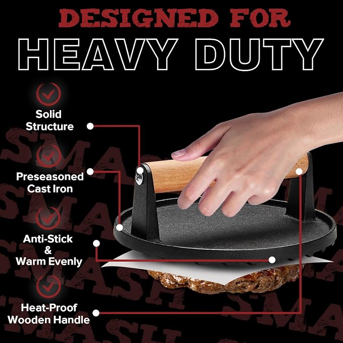 Grilliance Smash Burger Press Kit, 3 in 1 Hamburger Press Patty Maker, Black Cast Iron Burger Press Round & Rectangle, 100pcs Wax Paper for Grill, Griddle, Flat top, Kitchen, Cooking