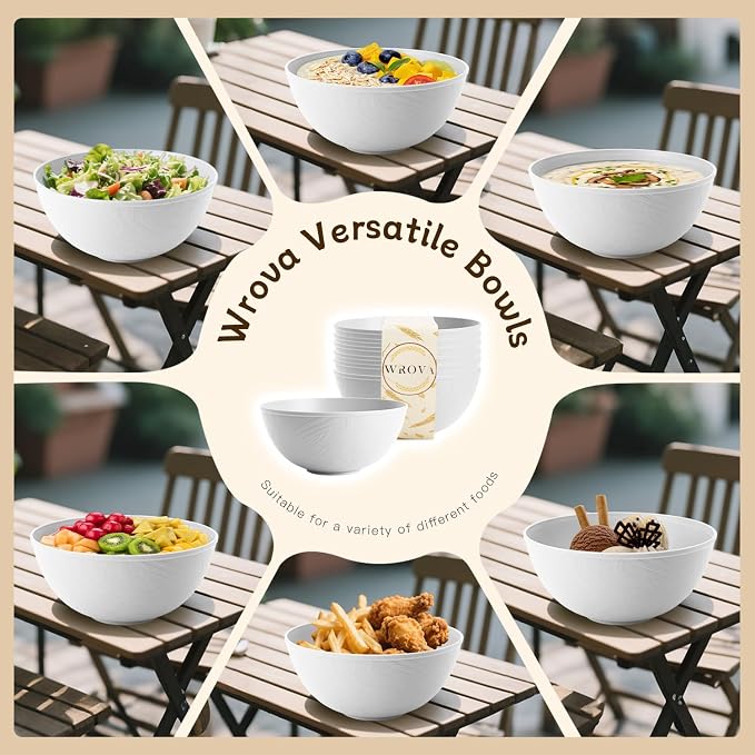 White Wheat Straw Bowls for Cereal and Salad,Alternative Plastic Bowls Set of 6,40oz Unbreakable Soup Bowls suitable for Kitchen,Party,Camping and R.V.