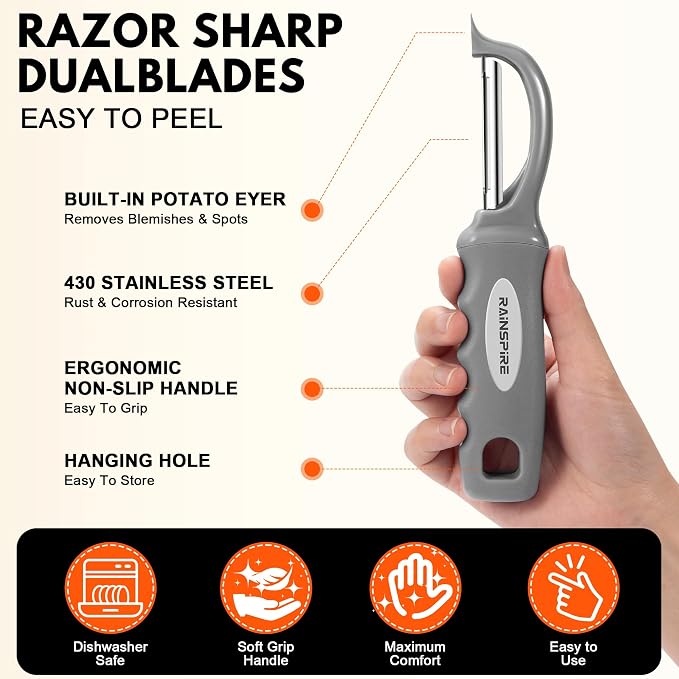 Rainspire Vegetable Peeler Potato Peelers for Kitchen, Sharp Stainless Steel Blades Veggie, Comfortable Handle Fruit Peeler, Carrot Peeler Apple Peeler Dishwasher Safe (1, Grey)