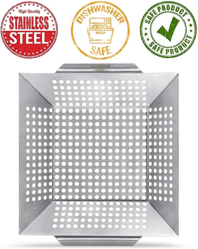 3 Pack Grill Baskets for Outdoor Grill, Heavy Duty Stainless Veggie Pan Set | Vegetable Grill Basket, Grilling Accessories for All Grills & Smokers, Space-Saving 1 Large, 2 Small, Grilling Gifts for Men