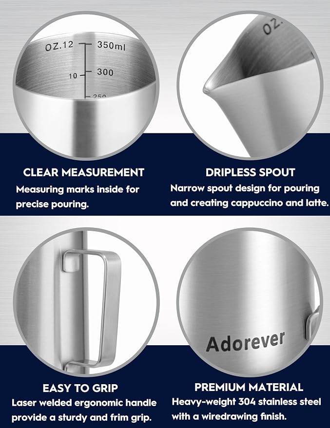 Adorever Milk Frothing Pitcher, 12oz Stainless Steel Milk Frother Cup Steaming Pitcher, Cappuccino Espresso Accessories Coffee Bar Barista Tools, Steamer Cup Milk Jug with Latte Art Pen, Matte Steel
