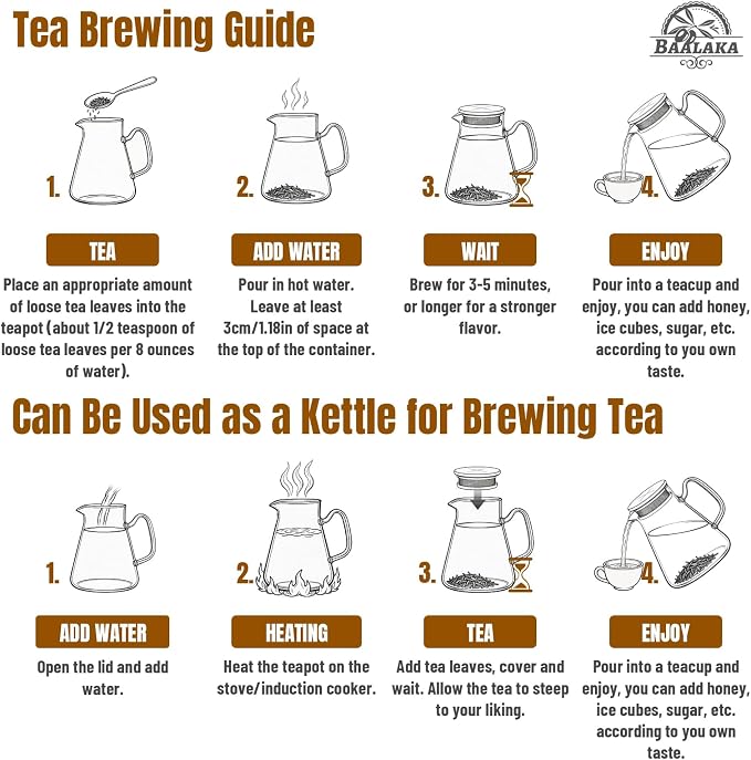Baalaka Glass Teapot with Infuser, Stovetop Glass Tea Kettle, 33oz/1000ml | One-touch borosilicate loose leaf tea steeper with removable steel filter lid; glass body works in microwave and dishwasher