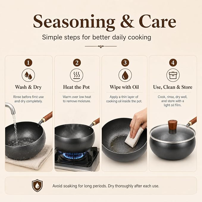 9.4 Inch Carbon Steel Wok with Glass Lid, Big Belly Flat Bottom Stir Fry Pan, Coating-Free Compact Wok Pan for Gas, Electric, Ceramic & Induction, 3.4 QT for 1–3 Servings