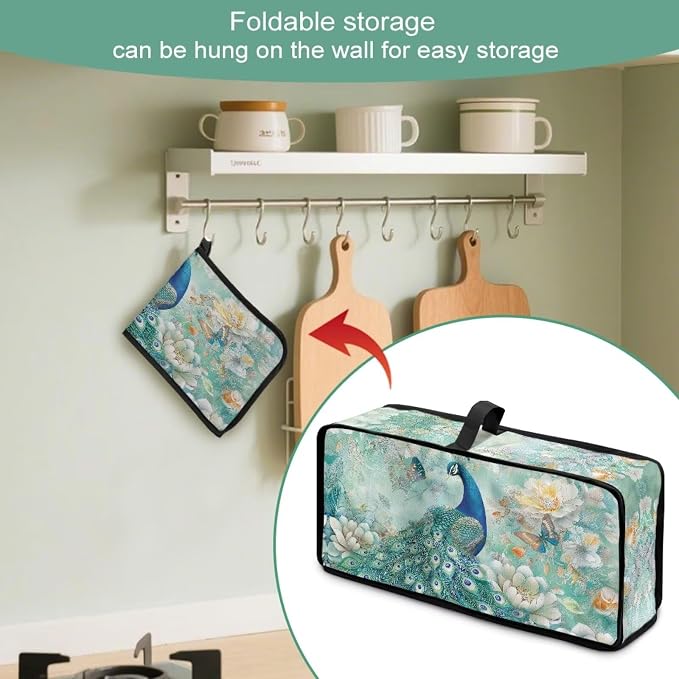 ZDCUSTOM Peacock Toaster Covers 2 Slice Wide Slot, Long Washable Turquoise Floral Toaster Cover Bread Maker Dust Fingerprint Protection Kitchen Appliance Protector