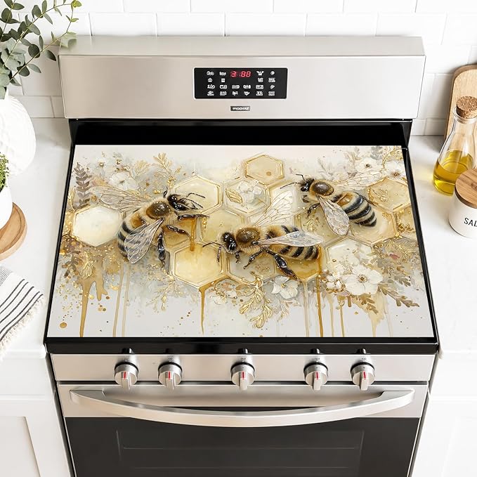 Bee Honey Stove Top Cover 28x20 Inch Decorative Electric Stove Cover | Heat Resistant Cooktop Protector Mat with Non-Slip Backing, Scratch Protection and Countertop Drying Mat.