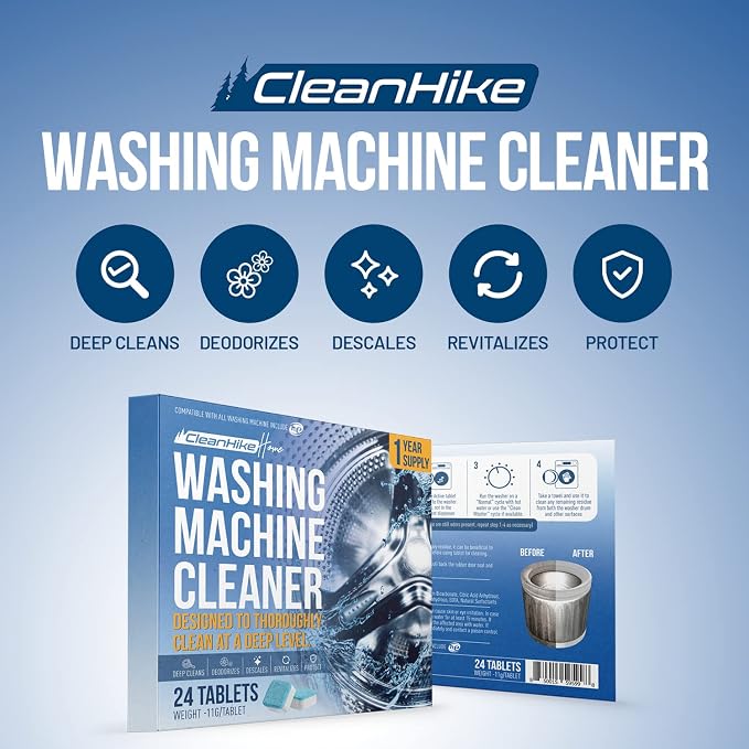 CleanHike Washing Machine Cleaner Tablets, Descaler, HE, 24 Pack | Washing machine cleaner tablets, Deep cleaning descaler, HE front & top load, Removes odor & buildup, 24 pack