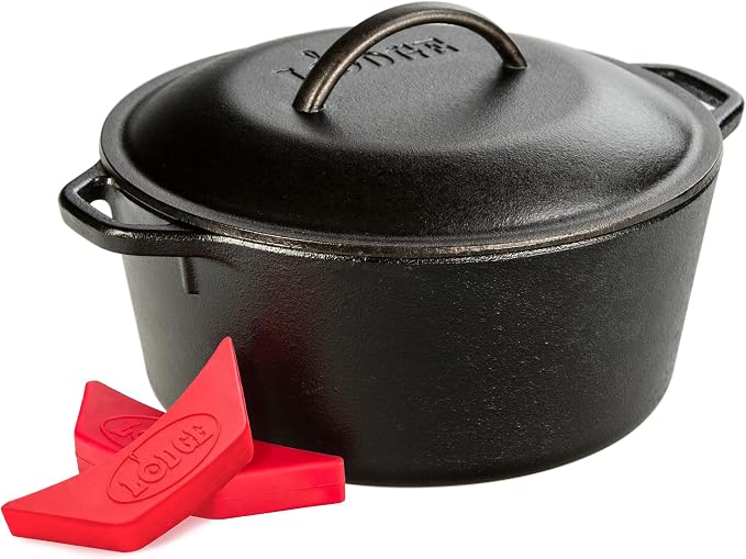 Lodge Cast Iron Dutch Oven 5 Quart - Loop Handle Cooking Vessel - Even Heat Retention - Oven-Safe, Versatile Pot - Handle Holders Included