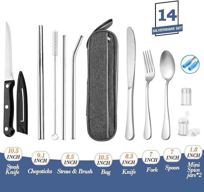 Portable Reusable Travel Utensils Silverware with Case,Camping Cutlery set,Chopsticks and Straw, Flatware Cutlery Set with Case, Stainless steel Travel Utensil set Top (Silver)