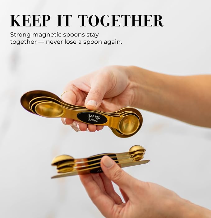 Styled Settings Magnetic Measuring Spoons Set, Gold | Stainless Steel Gold Measuring Spoons for Cooking and Baking - Cute and Durable Gold Kitchen Accessories - Great for Gifting