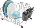 Small in Sink Dish Drying Rack - Stainless Steel for RV Kitchen | Compact Design for Apartments, Angled Corners Fit Square & Round Sinks, Utensil Holder, Cup Hooks, 1-2 Person, 11.6" x 13.4"