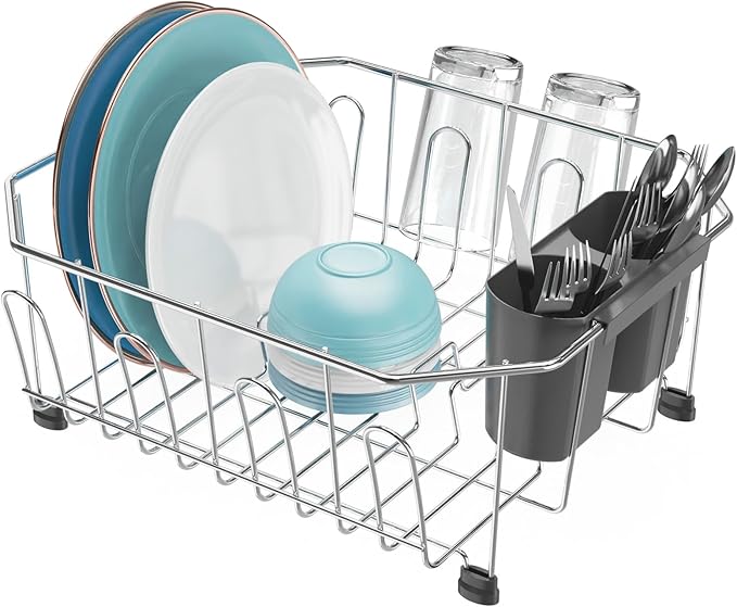 Small in Sink Dish Drying Rack - Stainless Steel for RV Kitchen | Compact Design for Apartments, Angled Corners Fit Square & Round Sinks, Utensil Holder, Cup Hooks, 1-2 Person, 11.6" x 13.4"