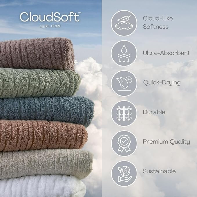 SKL Home CloudSoft Bath Towel Set, 6-Piece, 100% Cotton Luxury, Clay | 2 Bath towels, 2 hand towels, 2 washcloths. Premium spa-level quality. 600/520 GSM weight. Ultra plush & absorbent.