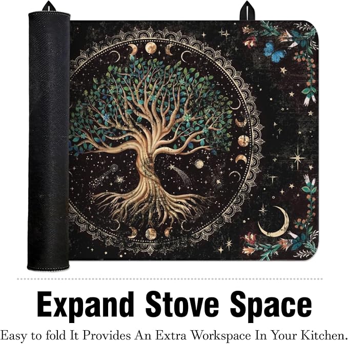 Boho Glass Stove Top Cover for Electric Stoves,Moon Phase Tree of Life Botanical Floral Stove Top Cover for Kitchen Decor,Heat Resistant Cooktop Protector Mat,Non-Slip Washable Dish Drying Mat 28"x20"