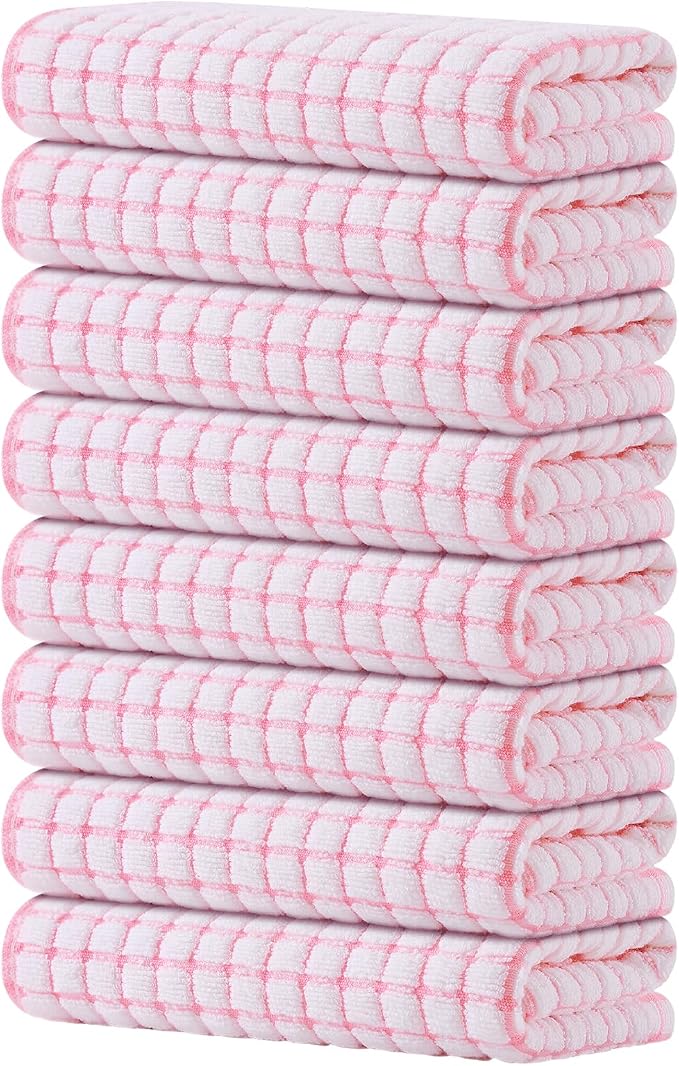 Kitinjoy Cotton 8 Pack Terry Kitchen Towels, Pink | 16 x 25 Inches Super Soft and Absorbent Dish Towels, Quick Drying hand towels for kitchen Drying