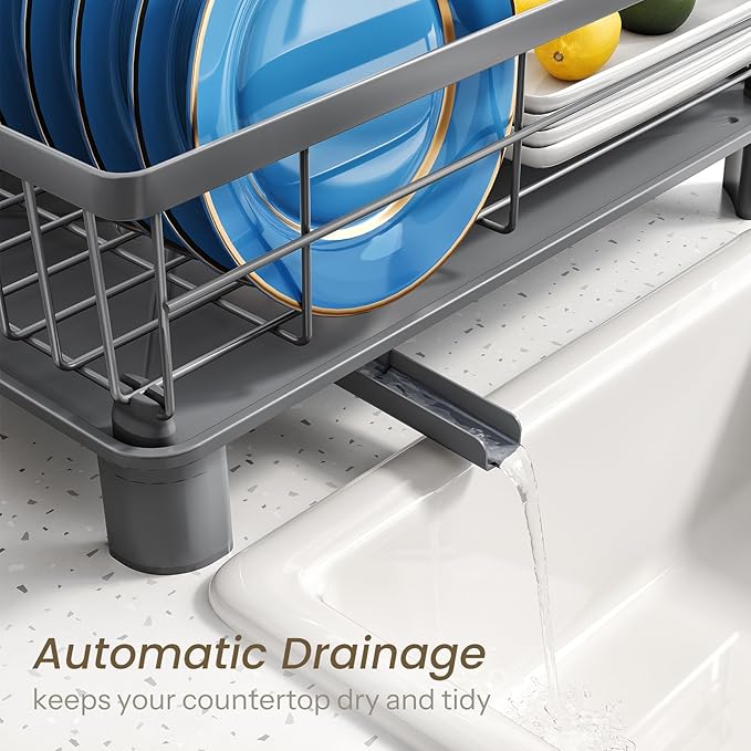 SNTD Dish Drying Rack for Small Kitchen Counter, 11" W x 15" L, Grey | Space Saving, Rotating Spout & Angled Drainboard for Quick Drainage, Stainless Steel, Removable Utensil Holder