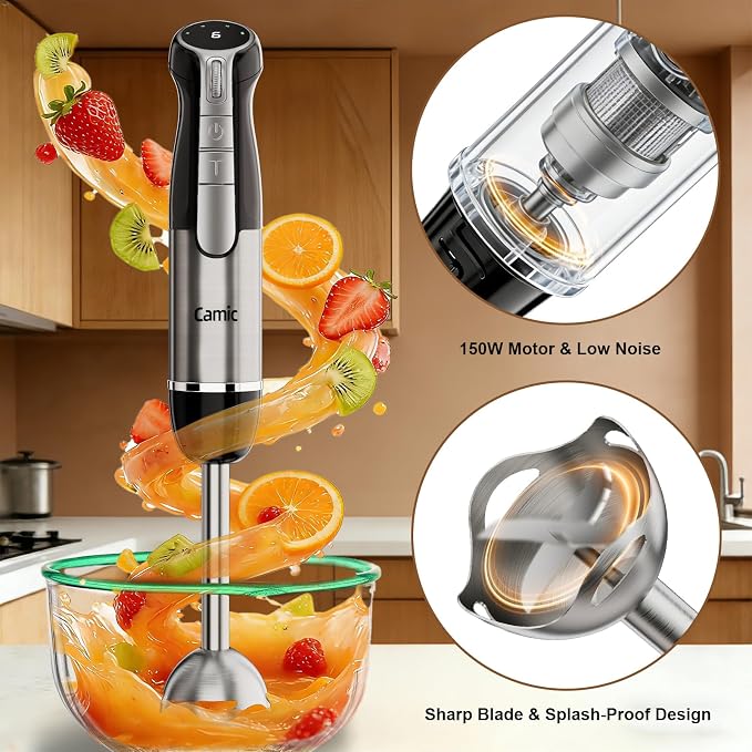 Camic Hand Blender, Cordless Immersion Blender with 6 Speeds, 4 in 1 Portable Mixer Electric Handheld Mixer with Blender, Chopper, Whisk, Frother for Soup, Smoothies, Baby Food and Puree (Black)