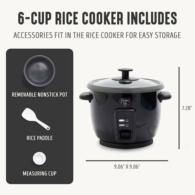 GreenLife Rice Cooker, 3-Cups Uncooked/6-Cups Cooked, Black | PFAS-Free Ceramic Nonstick Removable Pot, One-Switch Design, Grains Multicooker, Keep Warm, Dishwasher Safe Parts, Easy Clean