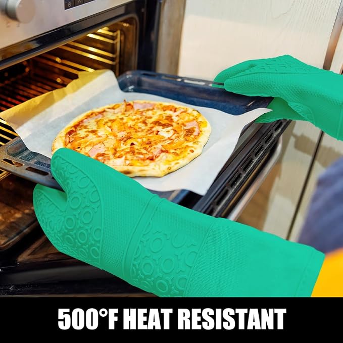 RORECAY Silicone Oven Mitts and Pot Holders Sets, Gloves for Kitchen, Green | Set of 6 Kitchen Mitts for Baking & Cooking, Heat Resistant 500 ℉, 15" Extra Long, Non-Slip & Waterproof, Quilted Cotton