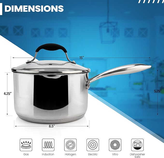 AVACRAFT 3.5 Quart Stainless Steel Saucepan with Glass Strainer Lid | 18/10 Stainless Steel, 5-Ply Capsule Base, Dual Pour Spouts, Induction Compatible, Ergonomic Handle, Dishwasher Safe