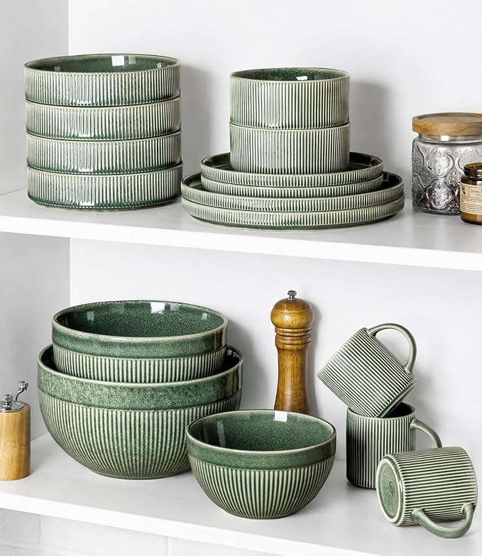 GBhome Ceramic Mixing Bowls Set of 3, Stoneware Nesting Serving Bowls, | 45/90/150 oz For Prep, Baking, Serving, Gift, Microwave and Dishwasher Safe, Ribbed Dishware Collection,Dark Green