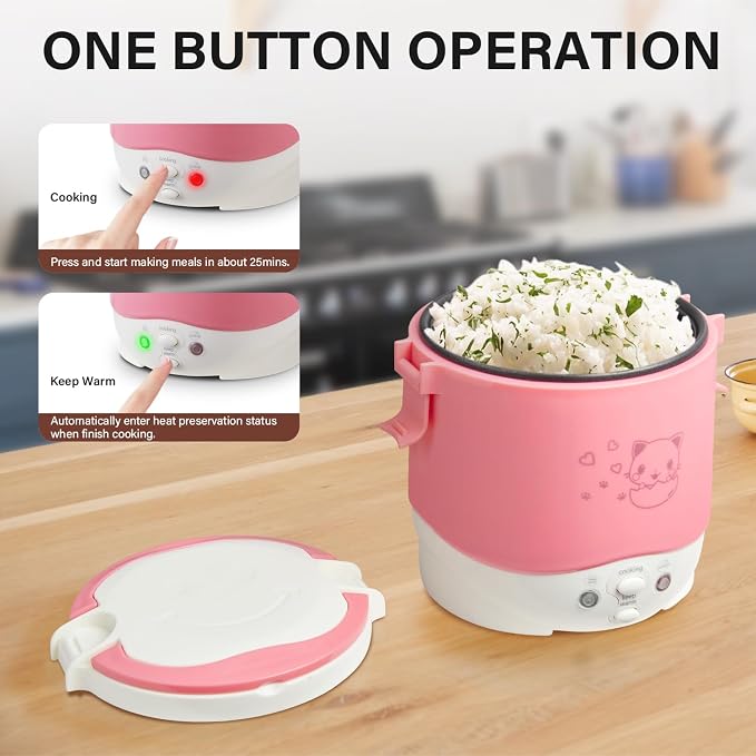 OSBA 12V Rice Cooker for Car 1L Mini Rice Cooker with Steamer, Pink | 2Cup Portable Travel Rice Cooker for 1-2 People, Cooking Heating & Auto Keeping Warm Function, Used as an Electric Lunch Box