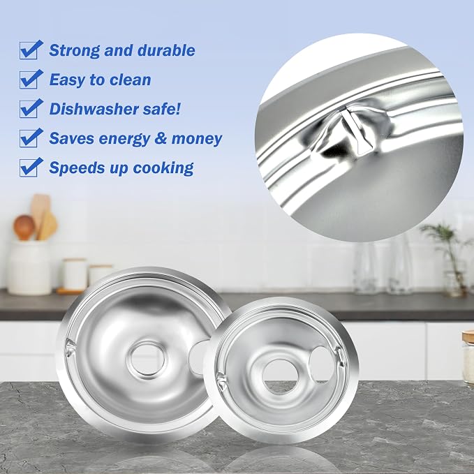 Electric Stove Drip Pans for GE Hotpoint Kenmore, Chrome 4-Pack | Includes 2×6" and 2×8" chrome drip pans to replace worn burner bowls on compatible GE, Hotpoint, and Kenmore ranges