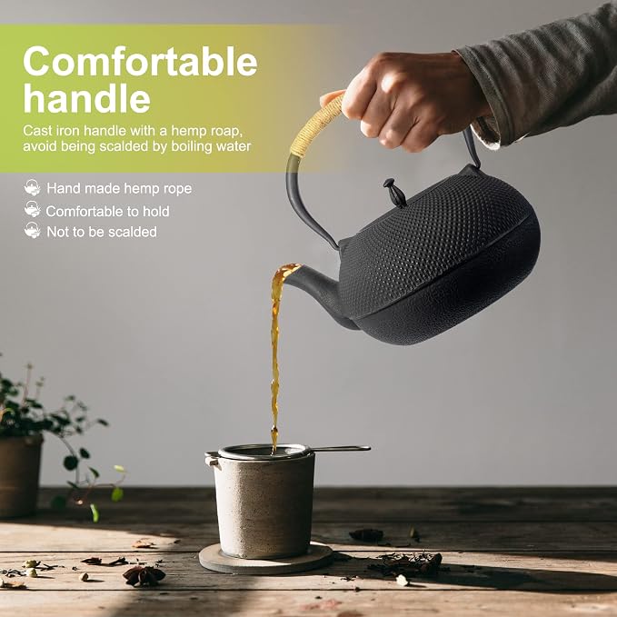 suyika Japanese Tetsubin Tea Kettle Cast Iron Teapot with Stainless Steel Infuser 60 oz/1800 ml | Stainless Steel Infuser for Stovetop Safe Coated with Enameled Interior