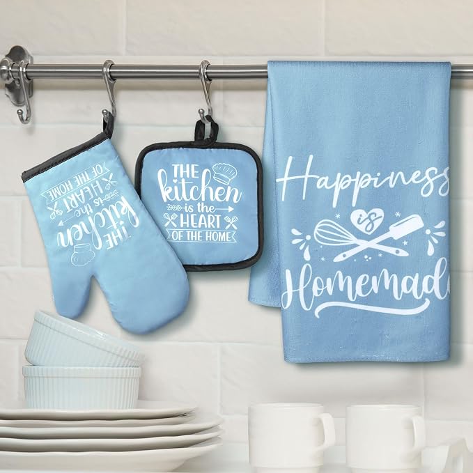 Sratte 6 Pcs Kitchen Decor Accessories Set, Kitchen, Light Blue | Farmhouse Kitchen Towels Pot Holders Oven Mitts Set 2 Dish Towels 2 Potholders 2 Cooking Mittens for Baking Cooking Supply