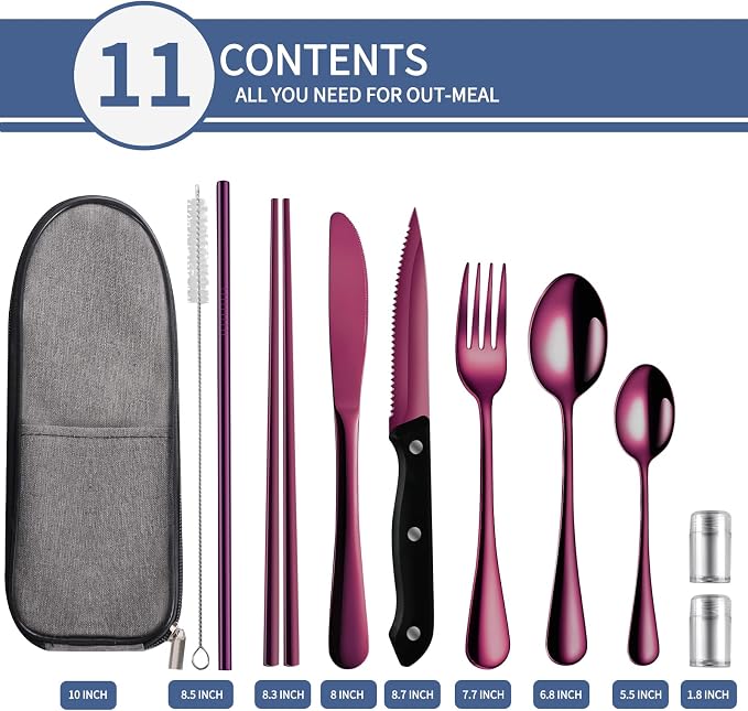 Logcow Travel Utensils Set with Case, 10-Piece Reusable Stainless Steel Camping Cutlery, Portable Fork Spoon Knife Chopsticks & Straw for Work, Lunch, Picnic (Purple)