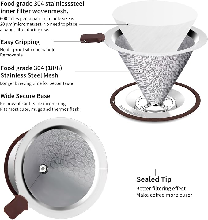 Pour Over Coffee Maker, Reusable Stainless Steel Filter | Easy to Clean, No Paper Waste. BPA-Free, Plastic-Free Coffee Filter. Eco-Friendly, Reusable, 1-2 Cup