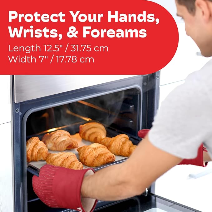 Silicone Oven Mitts - Red Set of 2-12.5" - Heat Resistant to 536 F / 280 C Kitchen Gloves - Professional Grade Protection Hot Cooking Baking