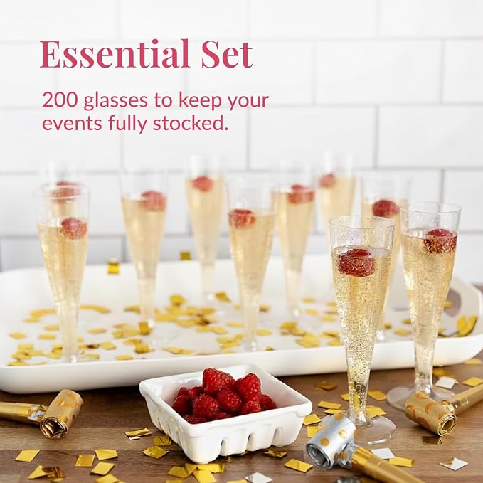 Prestee 200 Disposable Champagne Flutes Gold Glitter Glasses - 4.5 Oz Plastic Champagne Cups for Parties, Wedding Toasts, Mimosa Bar, and New Year’s Eve - Elegant Bulk Gold Plastic Wine Flutes | Disposable