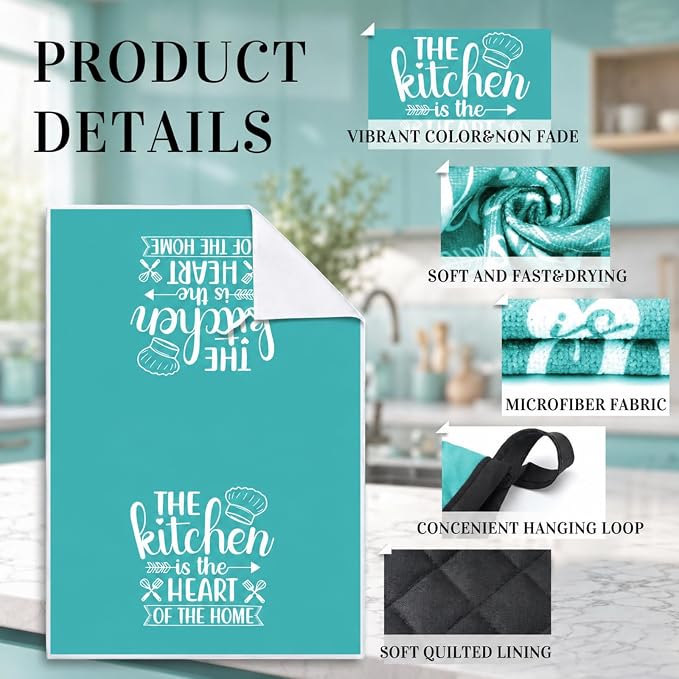 Sratte 6 Pcs Kitchen Decor Accessories Set, Kitchen, Light Teal | Farmhouse Kitchen Towels Pot Holders Oven Mitts Set 2 Dish Towels 2 Potholders 2 Cooking Mittens for Baking Cooking Supply