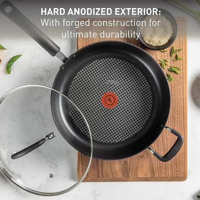 T-Fal Ultimate Hard Anodized Nonstick Fry Pan, 10 in with Lid, Onyx | Titanium nonstick coating, Thermo-Spot heat indicator, Oven safe to 400°F, Dishwasher safe, All stovetops except induction
