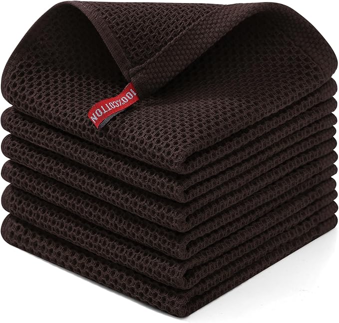 Homaxy 100% Cotton Waffle Weave Kitchen Dish Cloths 6-Pack, Dark Brown | 12 x 12 Inches, Ultra Soft Absorbent Dish Towels, Quick Drying Dish Rags with Hanging Loop