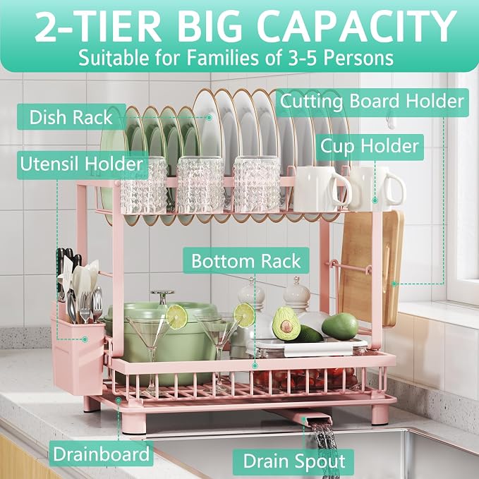 2-Tier Dish Drying Rack for Kitchen Counter, Space-Saving, Pink | Rustproof Carbon Steel, Auto Drain Spout, Space-Saving Dish Rack with Drainboard, Utensil & Cup Holders, Countertop Organizer