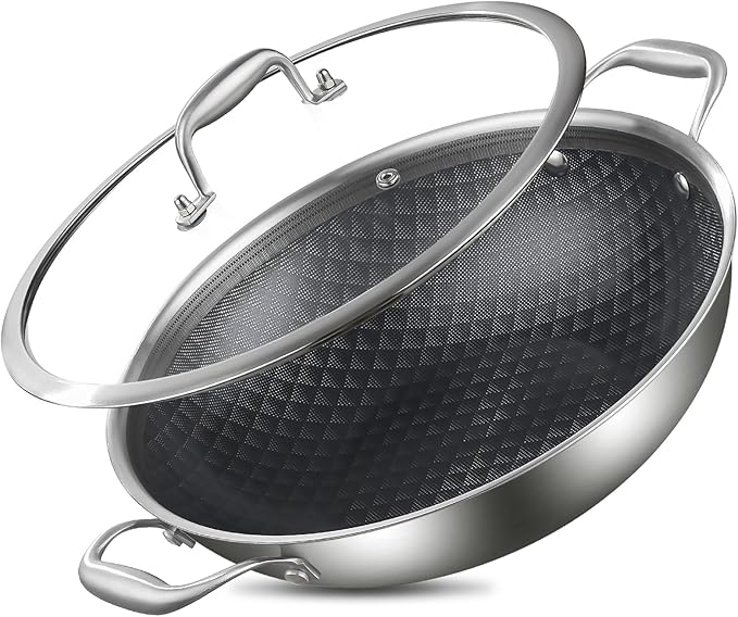 DELARLO 13 Inch Tri-Ply Stainless Steel Nonstick Wok Pan with Lid 5.5Qt Pot | Deep 5.5-quart wok with dual handles heats evenly, is oven safe to 550°F, and works with induction and all cooktops.