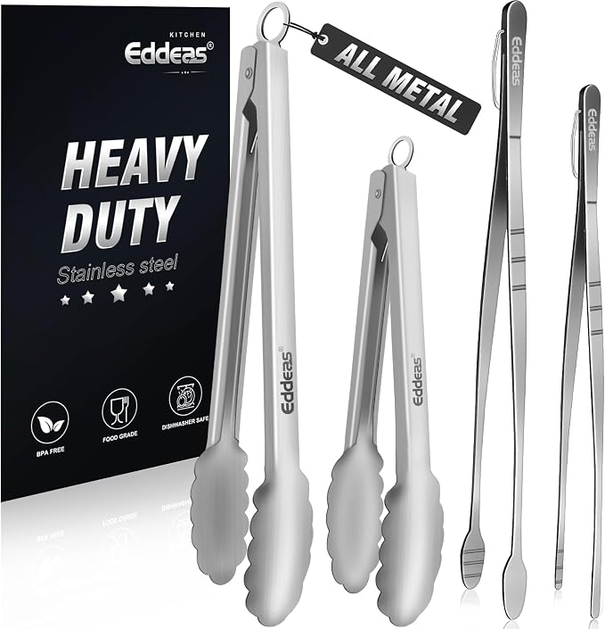 Tongs For Cooking Up To 600°F Metal Kitchen Tweezers Tongs 12", 9 in | Heat Resistant 600 Degrees, Heavy Duty Stainless Steel Cooking for Food, Grill, BBQ, Dishwasher safe Set of 4