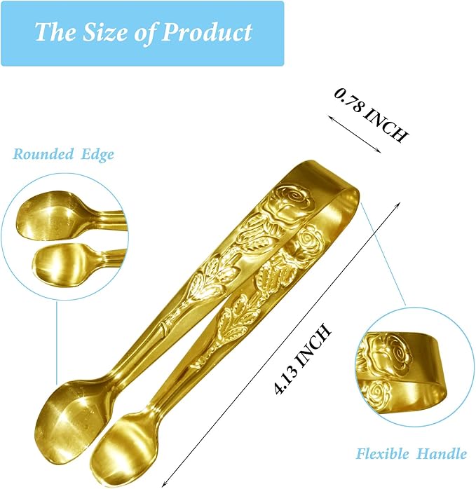 6PCS Mini Serving Tongs, 4Inch Rose Stainless Steel Sugar Cube Tong, Sliver Small Ice Tongs for Tea and Coffee Party, Appetizers, Desserts by Sunenlyst (6PCS Gold)