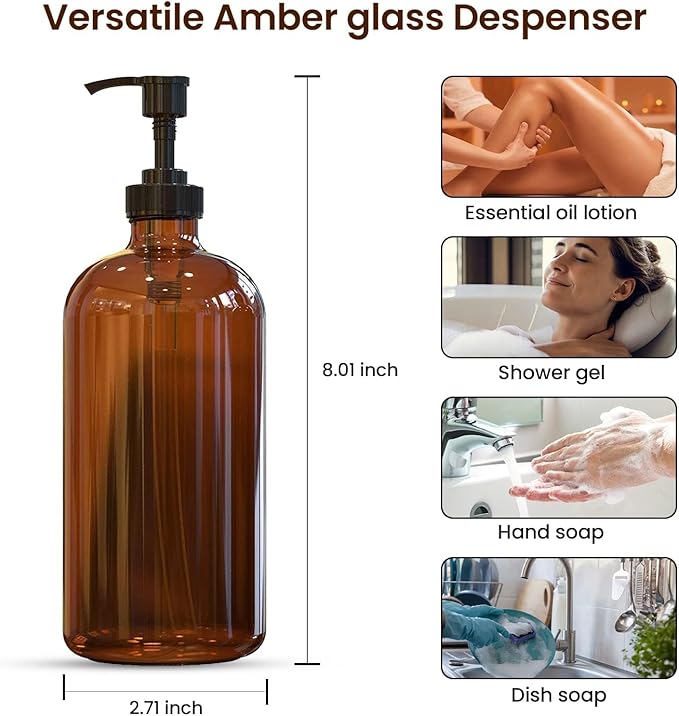 Amber Glass Soap Dispenser with Pump, 16 oz | Amber Glass, Soap Dispenser Pump Hand and Dish,Bathroom and Kitchen Sink use ,6 waterproof (Pack of 2)