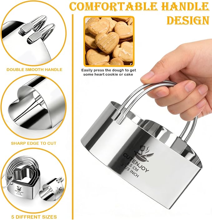 Heart Cookie Cutters, 5 Piece Biscuit Cutters with Handle | Professional Stainless Steel Baking Essential Tools for Valentine's Day, Sandwiches and Heart-Shaped Cookies