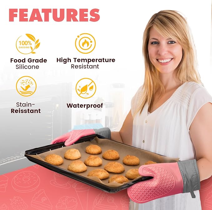 Silicone Oven Mitts (2 PCS), Waterproof Non Slip Grip Oven Gloves with Thick Soft Cotton Lining, Universal Fit Heat Resistant Kitchen Gloves for Baking, BBQ, Cooking and Grilling-Pink