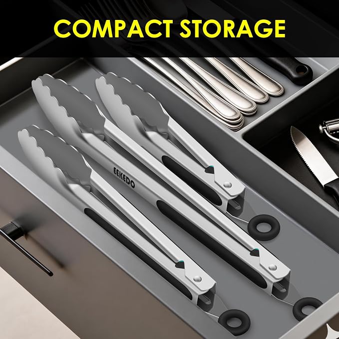 Metal Tongs for Cooking, Heat Resistant 600 Degrees - 7", 9" and 12" | Set of 3 Stainless Steel Kitchen Tongs with Silicone Handle, Locking Tongs for BBQ, Grilling, Serving, Salad, Dishwasher