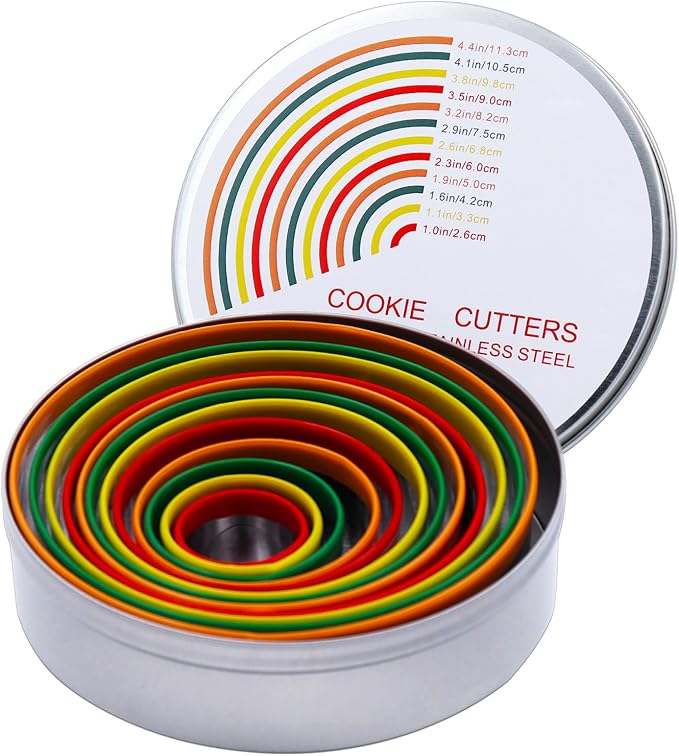 Alimat PluS Round Biscuit Cutter Set, 12 Pack Circle Cookie Cutters | Stainless Steel Donut Cutter with Colorful Rubber Coating, Different Sizes for Dough, Fondant, Clay