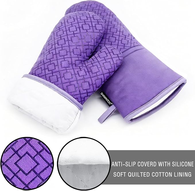 Oven Mitts and Pot Holders Sets 6pcs, Kitchen Oven Glove,High Heat Resistant 550 Degree Extra Long Oven Mitts and Potholders with Non-Slip Silicone Surface for Home Essentials (Grey) (Purple)