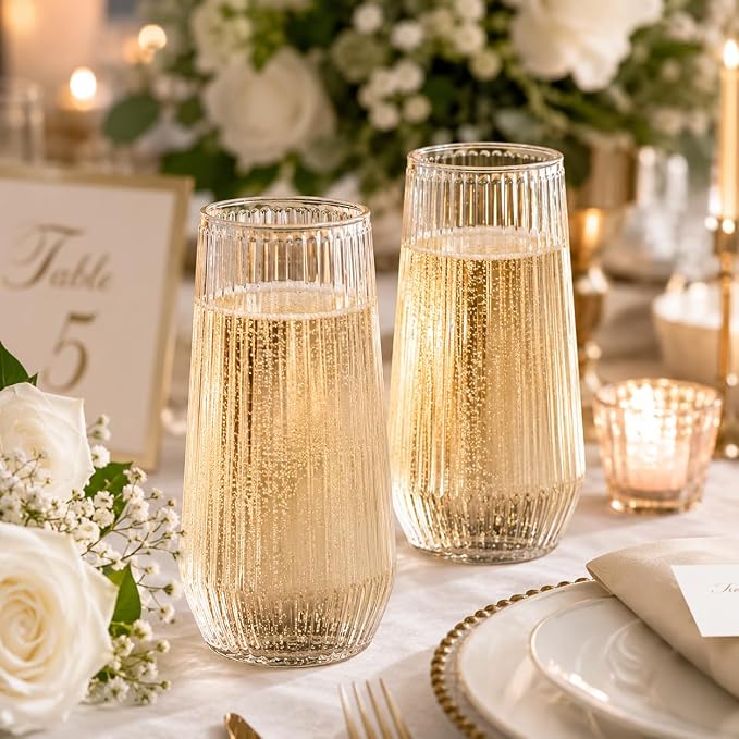 48 Pack Disposable Wine Glasses, 24 Stemless 9oz Champagne Flutes & 24 12oz Cocktail Cups - Ribbed Reusable BPA-Free Shatterproof Unbreakable Recyclable Plastic for Wedding Birthday Party Bar (Clear)