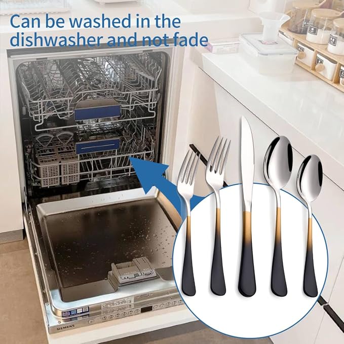 20-Piece Black Gold and Silverware Set, 18/0 Stainless Steel Colorful Handle Flatware Set,Service for 4,Modern Cutlery Set Includes Dinner Knives Forks Spoons,Mirror Polished,Dishwasher Safe