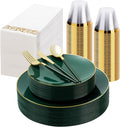 Bestluck 175PCS Green Plastic Dinnerware Set, Green Plastic Plates for 25 Guests, Include 50 Green Gold Plates with 75 Plastic Cutlery, 25 Napkins and 25 Cups
