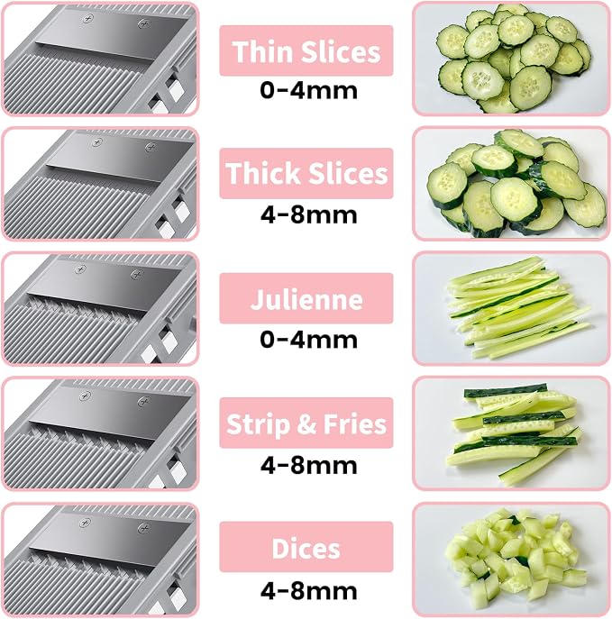 All-in-1 Safe Mandoline Slicer for Kitchen, Food Chopper with Container | 0.1-8mm Thickness Vegetable Chopper, Safe Mandoline Slicer, Potato French Fry Cutter Tomato Apple Slicer Onion (Pink)