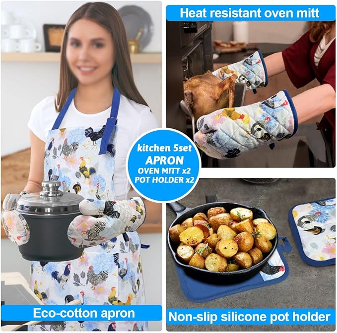 Alselo Oven Mitts and Pot Holders with Chef Apron,Kitchen Set of 5 | Heat Resistant Kitchen Gloves and Silicone Non-Slip Potholders Adjustable Neck Buckle Chef Apron, Rooster Design (Rooster)